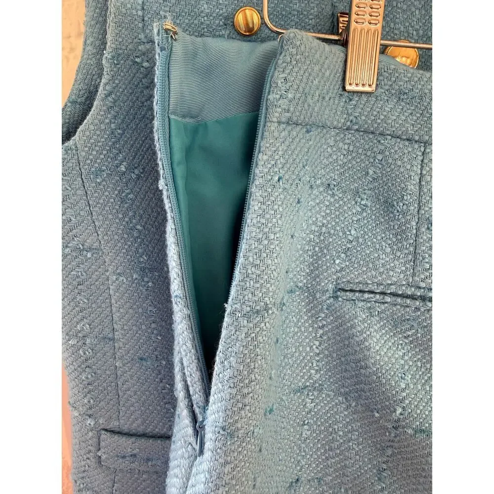 Ann Taylor Sky Blue Tweed Vest Shorts Set Gold Button Preppy Coastal 8 10 - Picture 11 of 12